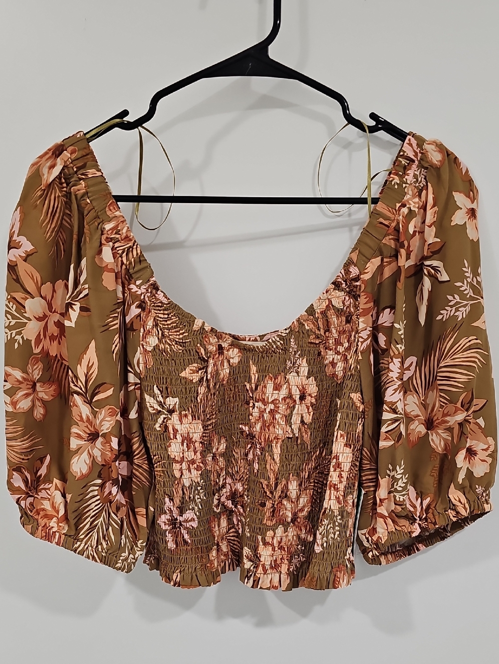 Rip Curl Olive and Pink Floral Smocked Off-Shoulder Crop Top